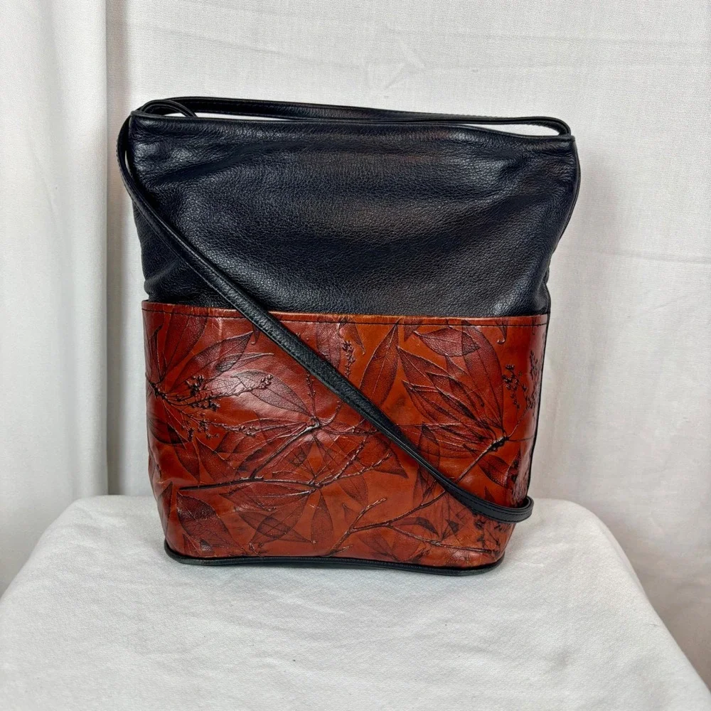 Leaf Leather C.L. Whiting  Black Brown Embossed Crossbody Bucket Bag USA Made